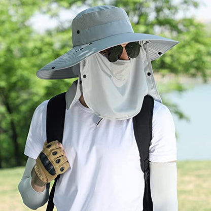 Women Wide Brim Face Mask Sun Hat Detachable Neck Face Flap Ponytail UV Protection Visor Hat Garden Fishing Hiking - color: Hyp008-lightgray