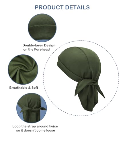 Sweat Wicking Do Rags Skull Caps, Cooling Hip Hop Hat, Beanie Durag Motorcycle Head Wrap Doo Rag Liner for Men Women - color: Olive Green