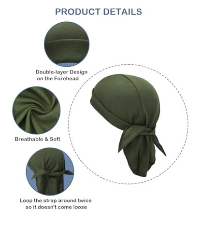 Sweat Wicking Do Rags Skull Caps, Cooling Hip Hop Hat, Beanie Durag Motorcycle Head Wrap Doo Rag Liner for Men Women - color: Olive Green