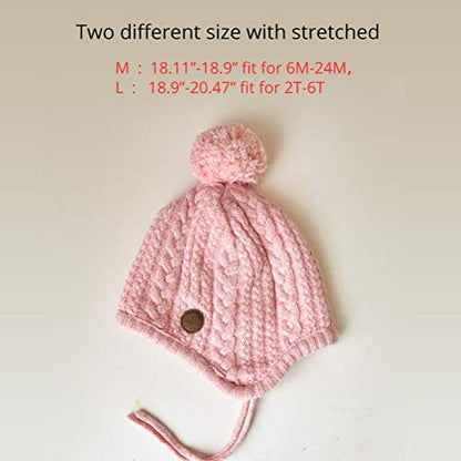 Toddler Baby Boys Girls Winter Hat Kids Ear Flap Warm Fleece Lined Knit Beanie Fur Pom Hat - color: Pink With Faux Fur Pompom, size: 2-6 Years