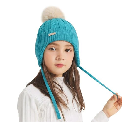 ZLYC Kids Girls Boy Winter Hat Cotton Lined Pom Pom Beanie Earflap Knit Cap - color: Solid Teal Blue