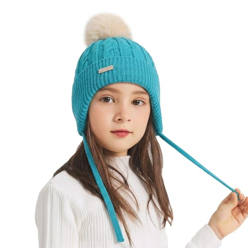 ZLYC Kids Girls Boy Winter Hat Cotton Lined Pom Pom Beanie Earflap Knit Cap - color: Solid Teal Blue