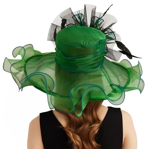 Women Organza Church Derby Hat Wide Brim Sun Caps for Wedding Tea Party Hat with Detachable hat Flower as Headgear - color: 11-green