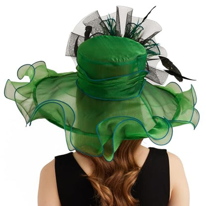 Women Organza Church Derby Hat Wide Brim Sun Caps for Wedding Tea Party Hat with Detachable hat Flower as Headgear - color: 11-green