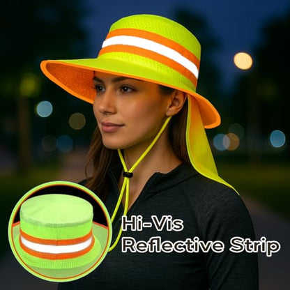 Men High Visibility Reflective Work Safety Sun Hat with Neck Flap Wide Brim Boonie UV Protection - color: 1pc Neon Lime
