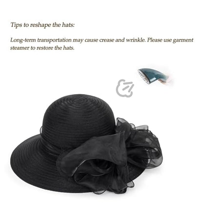Women Kentucky Organza Derby Hat - Wide Brim Summer Sun Hat for Bridal Wedding Church Tea Party - color: Black