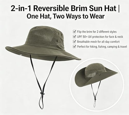 Sun Bucket Hat for Men Women Wide Brim UPF 50+ UV Protection Waterproof - color: Army Green