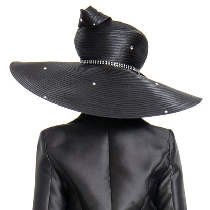 Women's Dramatic Giant Wide Brim Rhinestone Church Hat Statement Turban Fascinator for Wedding Chapel Baptist Sunday - color: 16-black