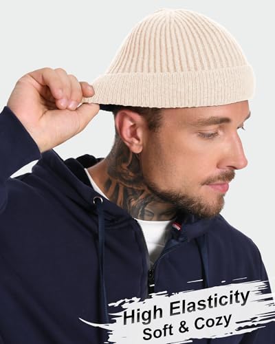 ROYBENS Short Fisherman Beanie for Men Women Wool Knit Warm Winter Hat Swag - color: 1pcs-beige