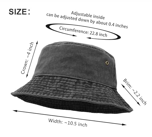 Bucket Hat, Wide Brim Washed Denim Cotton Outdoor Sun Hat Flat Top Cap for Fishing Hiking Beach Sports - color: Black