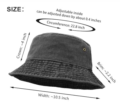 Bucket Hat, Wide Brim Washed Denim Cotton Outdoor Sun Hat Flat Top Cap for Fishing Hiking Beach Sports - color: Black