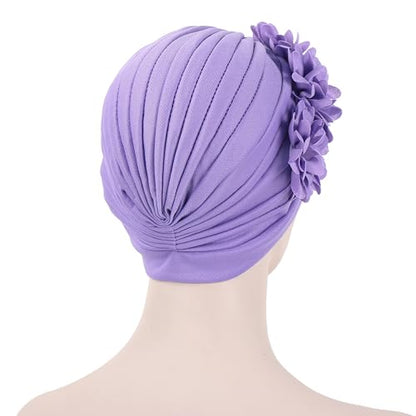 Flower Pre-Tied Turban Beanie, Soft Chemo Cap for Women Cancer Hair Loss - color: Light Purple