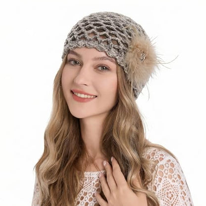 ZLYC Women Crochet Beanie Hat Summer Handmade Knit Decorated Skull Cap - color: Feather Khaki Mixed Gray