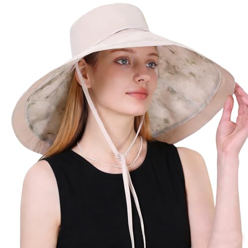 Wide Brim Sun Hat for Women Reversible Beach Hats Metal Wired Edge Gardening Hats, UPF 50+ Bucket Summer Hat - color: Beige Floral