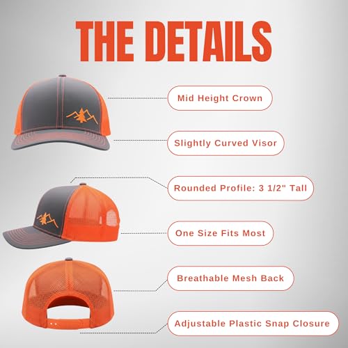 LINDO Trucker Hat [ Great Outdoors Design ] for Men and Women: Mid Profile Cap with Breathable Mesh Back and Adjustable Snap - color: Graphite/Orange