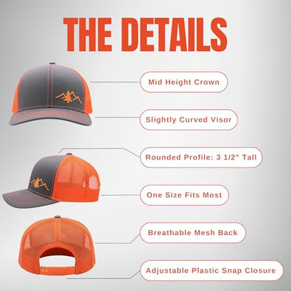 LINDO Trucker Hat [ Great Outdoors Design ] for Men and Women: Mid Profile Cap with Breathable Mesh Back and Adjustable Snap - color: Graphite/Orange