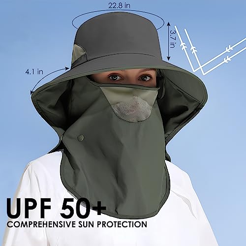 Outdoor Sun Hat Detachable Neck Face Flap UPF 50+UV Protection Visor Fishing Hats with Neck Flap for Men & Women - color: Dark Grey