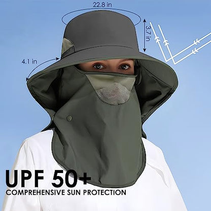 Outdoor Sun Hat Detachable Neck Face Flap UPF 50+UV Protection Visor Fishing Hats with Neck Flap for Men & Women - color: Dark Grey