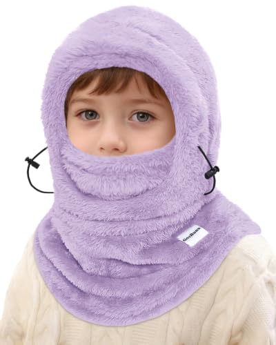 Kids Balaclava Ski Mask Windproof Hooded Face Mask Thermal Fleece Winter Hat for Boys Girls - color: Light Purple