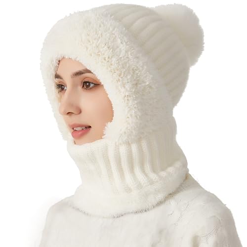 HUAMULAN Women Winter Knit Beanie Hats One Piece Fleece Lined Balaclavas - color: Cream White + Faux Fur