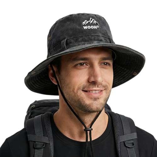 WOOH Sun Hats for Women,UPF80+ Wide Brim Summer Bucket Hat with Adjustable Drawstring,Packable Outdoor Hat for Beach Hiking - color: Black