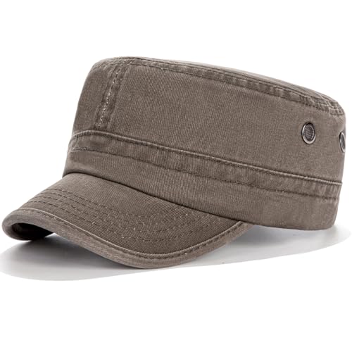 Army Cadet Cap for Men Women Washed Cotton Adjustable Flat Top Hats, Vintage Baseball Caps - color: Coffee