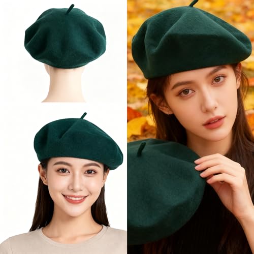 Women French Beret Hat Solid Artist Hat Wool Beret Winter Warm Beanie Cap - color: Dark Green