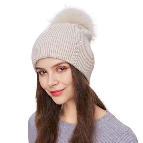 Women's Knitted Angora Wool Hat for Autumn and Winter Warm and Stylish with Rolled Brim and Slanted Rhinestones Cap - color: A-beige