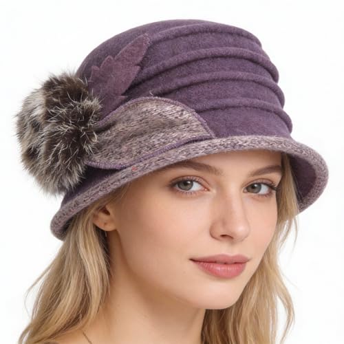 Women's Wool Dress Church Cloche Hat Bucket Winter Floral Hat - color: Purple