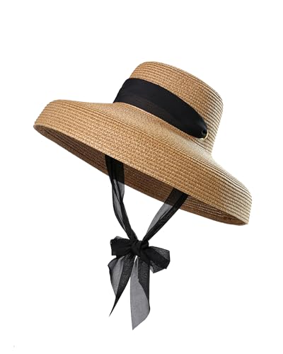 Sun Hats for Women Summer Beach Hat for Women with UV Sun Protection Large Straw Hats for Women with Strap - color: Khaki+widebrimribbon