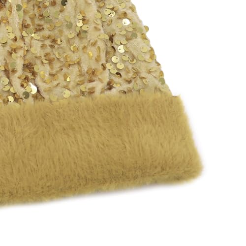Women Sparkly Sequins Knitted Beanie Hat Warm Winter Skull Cap with Faux Fur Pom Pom - color: Light Gold