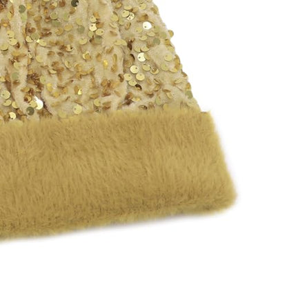 Women Sparkly Sequins Knitted Beanie Hat Warm Winter Skull Cap with Faux Fur Pom Pom - color: Light Gold