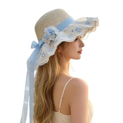 Women's Big Straw Sun Hat Wide Brim with Removable Wind Lanyard Foldable