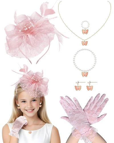Girls Tea Party Fascinators Hats Girls Church Hats 20s 50s Pillbox Hat Cocktail Mesh Flower Pearl Feather Headband - color: Dusty Pink