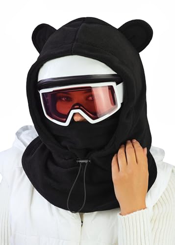 Fleece Balaclava Over Helmet - Warm Helmet Ninja Hood - Snowboard Hooded Hat Neck Gaiter Ski Mask - color: Black-earsup, size: One Size
