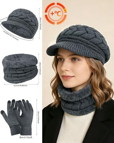 Loritta 3 in 1 Womens Winter Hat Gloves Scarf Set, Warm Hat Mittens - color: Dark Grey