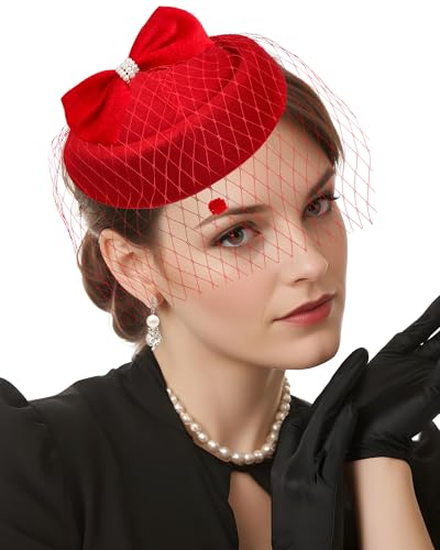 Pillbox Hat with Veil Vintage Fascinators for Women Tea Party Bridal Wedding Halloween First Communion Hats - color: Red