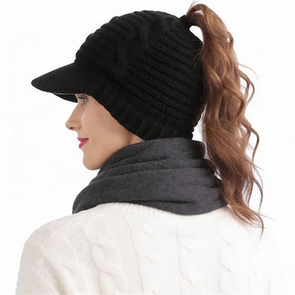 Women's BeanieTail Warm Knit Hat Messy High Bun Ponytail Visor Beanie Cap - color: B340-black, size: Medium