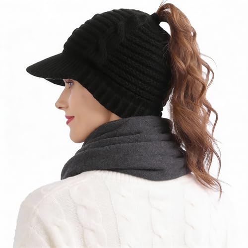 Women's BeanieTail Warm Knit Hat Messy High Bun Ponytail Visor Beanie Cap - color: B340-black, size: Medium