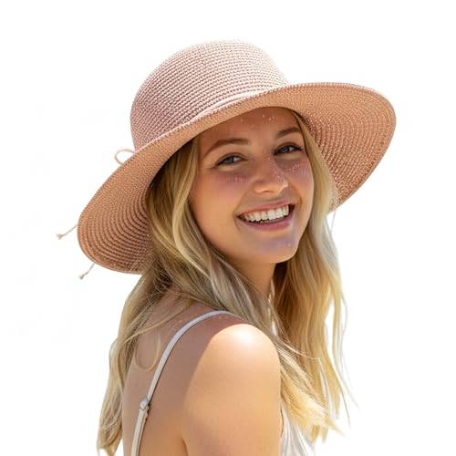 Womens Summer Straw Beach Sun Hats Packable Foldable Bucket - color: Pink