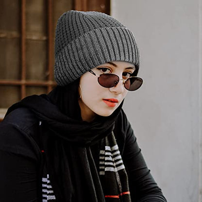 Achiou Reflective Beanie for Men Women, Fleece Lined Winter Cuffed Hat - color: Grey