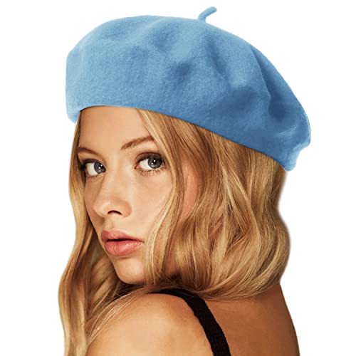Wheebo Wool Beret Hat,Solid Color French Style Winter Warm Cap for Women Girls Lady - color: Azure