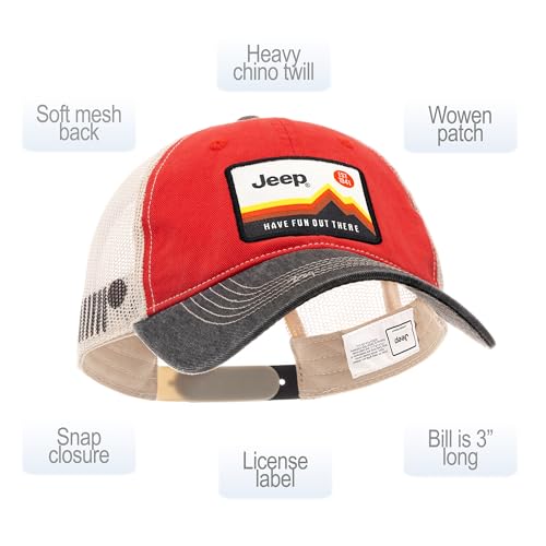 Jeep Have Fun Out There Patch Garment Washed Trucker Hat Unstructured for Men & Women - Adjustable Snapback Baseball Cap - color: Red