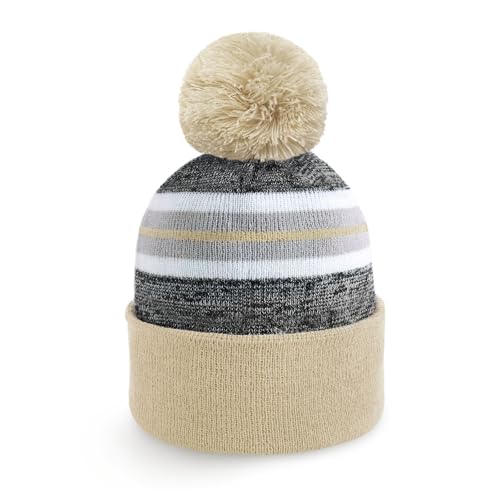 Pom Pom Beanie Cuffed Knit Winter Hat Skull Cap Striped Novelty Men Women - color: (Latte)