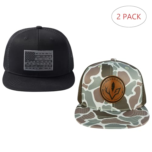 BASSDASH 2 Pack Flat Brim Trucker Cap Adjustable Snapback Hat Mesh Back for Men Women Fishing Hunting - color: Pack of 2, Black/Fish Flag & Color Block Camo