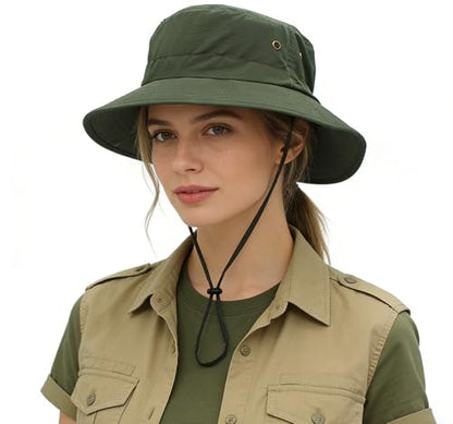 Women Lightweight Safari Sun Hat Quick Dry Fishing Hat with Strap Cool - color: Army Green
