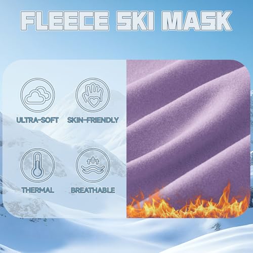 Balaclava Ski Mask for Men Women, Warm Fleece Face Mask Full Cover for Cold Weather Skiing Cycling, Ponytail Friendly - color: Light Purple