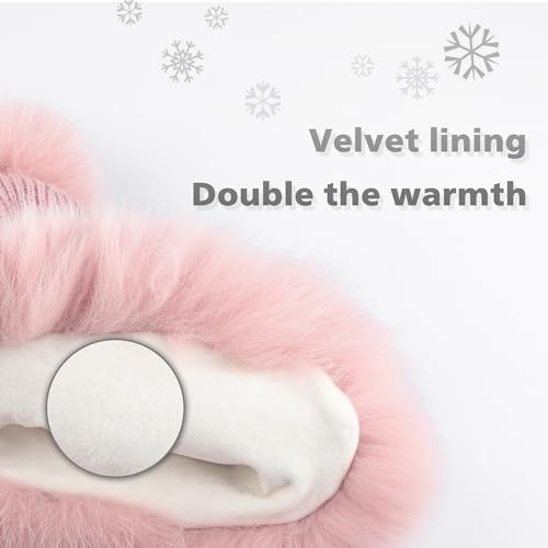 Winter Hats Cute Kint Hat Russian Fur Crochet Hat Slouchy Beanies with Pompom Warm Fuzzy Snow Cap Trapper Hat for Women - color: Dark Pink