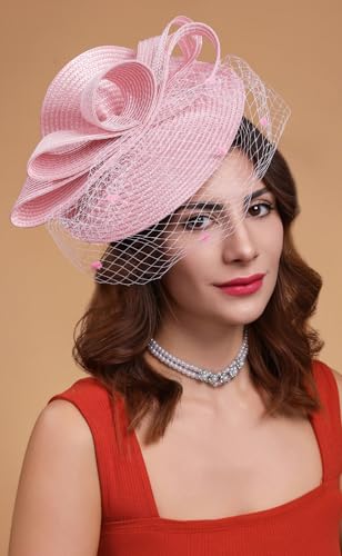 Kentucky Derby Fascinators for Women High Tea Party Hat Wedding Cocktail Flower Headware with Mesh and Feathers - color: Z-pink