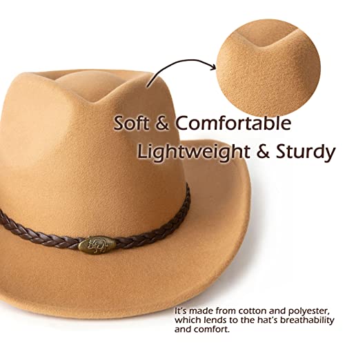 Men & Women Classic Wide Brim Western Cowboy Cowgirl Hat - color: Knit Bull/Camel